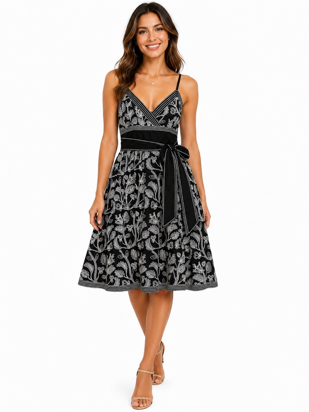 Studio M Petite Black White Embroidered Cotton Sundress SP Tie Waist Boho Sash